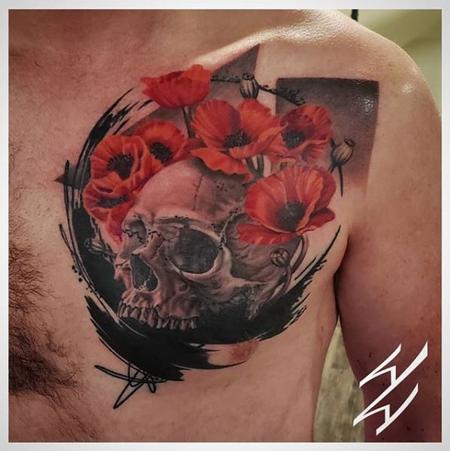 Tattoos - Walt Watts Abstract Skull and Flowers - 141062